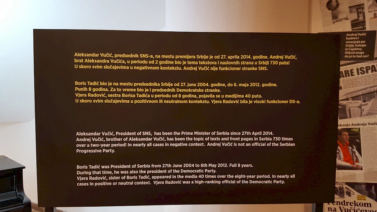 Views of the exhibition Uncensored Lies: Manipulation of the term censorship in Serbia 2014-2016, organised by the Serbian Progressive Party of Prime Minister Vučić, 2016. Photo courtesy to Vlidi.