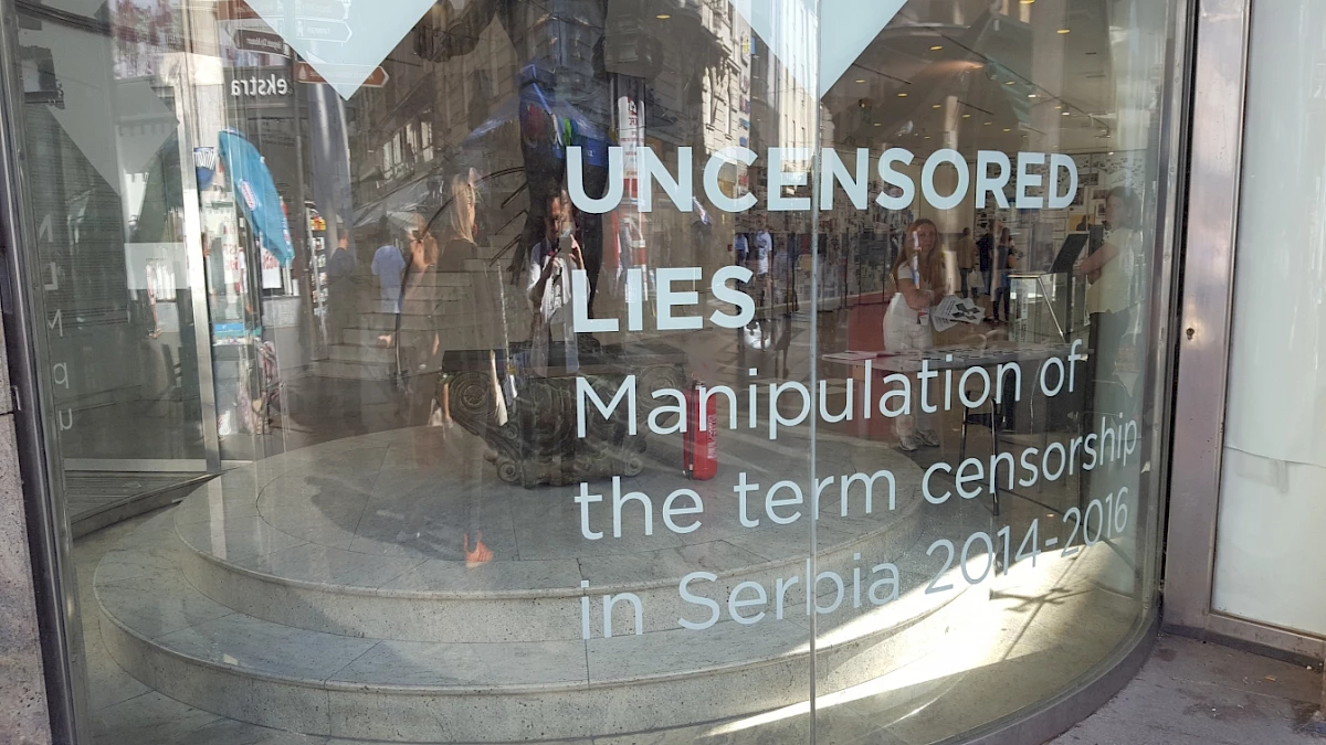 Views of the exhibition Uncensored Lies: Manipulation of the term censorship in Serbia 2014-2016, organised by the Serbian Progressive Party of Prime Minister Vučić, 2016. Photo courtesy to Vlidi.